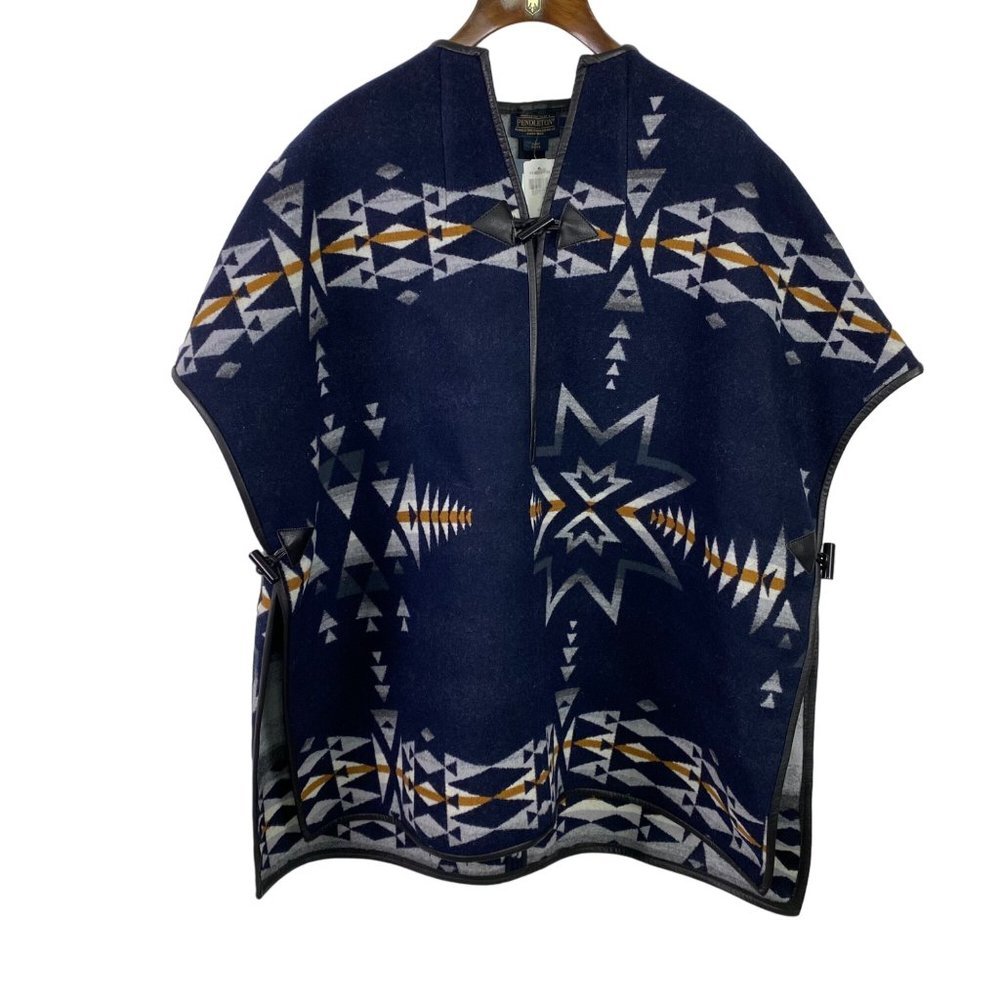 New Pendleton Navy Plains Star Virgil Wool Blend Leather Trim Cape Women's M